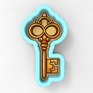 Può includere: Un tagliabiscotti a forma di chiave dorata con dettagli intricati, su un contorno azzurro. La chiave presenta un fiocco dettagliato e un ingranaggio rettangolare. Adatto per creare biscotti a tema o elementi decorativi.