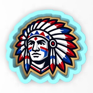 May include: A detailed illustration of a Native American chief in a headdress, featuring red, white, and blue colors. The design is set within a light blue scalloped border and a brown outline, creating a layered effect.