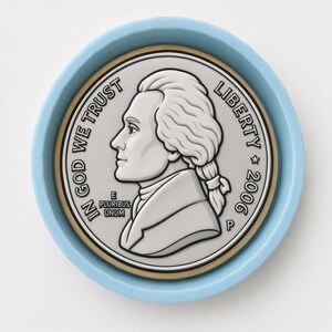 May include: A circular cookie decorated to resemble a United States nickel coin. The silver-colored icing features the profile of Thomas Jefferson, the text IN GOD WE TRUST, LIBERTY, 2006, and E PLURIBUS UNUM, all encased in a light blue icing border.