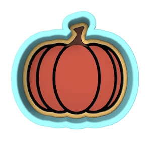 May include: A blue plastic cookie cutter shaped like a pumpkin. The pumpkin is orange with a black outline and a brown stem.