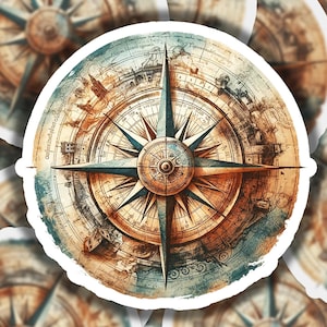 May include: A vintage compass with a detailed map design. The compass has a blue, brown, and gold color scheme and features a starburst design with a central point.