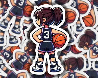 May include: A sticker featuring a cartoon illustration of a basketball player wearing a blue and white jersey with the number "3" on the back. The player is holding a basketball and has a ponytail.