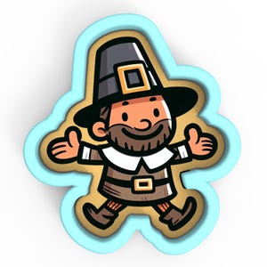 Puede incluir: Un cortador de galletas azul con forma de un peregrino de dibujos animados que lleva un sombrero marrón y un atuendo marrón y beige. El peregrino sonríe y tiene una barba marrón.