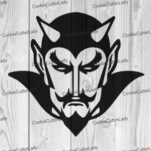 May include: Black and white silhouette of a devil's head with horns, a pointed beard, and a mustache. The devil is looking straight ahead with a serious expression.