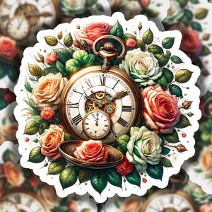May include: A vintage pocket watch with Roman numeral markings and an intricate clockwork design is surrounded by a bouquet of pink, white, and peach roses with green leaves.