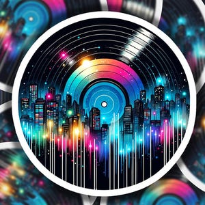 May include: A round sticker with a colorful cityscape silhouetted against a black vinyl record with a rainbow-colored center. The record has a blue center label and white grooves. The cityscape is illuminated with colorful lights.