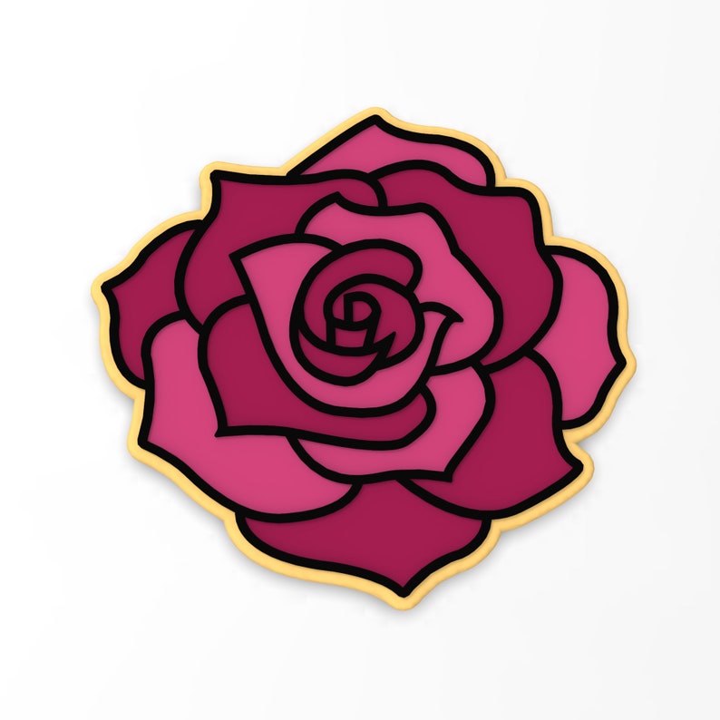 May include: A pink rose with a black outline and a yellow border. The rose is stylized and has a layered look.