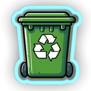 Puede incluir: Cortador de galletas de contenedor de reciclaje verde con un símbolo de reciclaje blanco. El cortador de galletas está hecho de plástico y tiene un contorno azul claro.