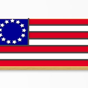 May include: A framed print of the Betsy Ross flag, featuring 13 white stars in a circle on a blue field, with 13 alternating red and white stripes. The frame is gold.