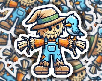Scarecrow Holding a Bird Vinyl Sticker | Dishwasher Safe & Durable | Custom Sizes | Fast Shipping | Made in USA
