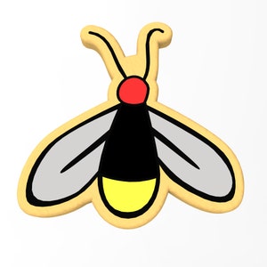 Puede incluir: Una galleta de luciérnaga amarilla con un cuerpo negro, una cabeza roja y una luz amarilla. Las alas son grises con contornos negros.