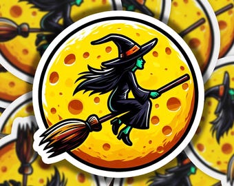 Vinylsticker heks vliegt over maan | Vaatwasmachinebestendig en duurzaam | Aangepaste formaten | Snelle verzending | Gemaakt in de VS