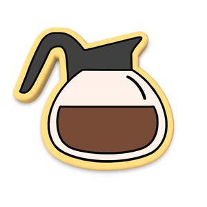 May include: A cartoon illustration of a coffee pot with brown coffee inside, outlined in yellow. The coffee pot has a black handle and lid.