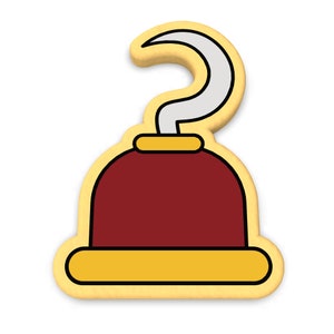 May include: A yellow and brown cartoon pirate hook with a gray hook. The hook is a sticker with a white outline.