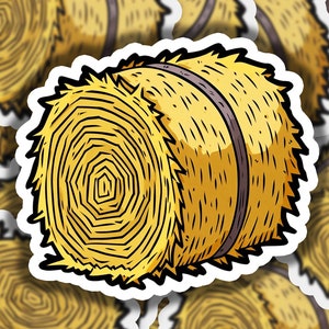 May include: A cartoon illustration of a hay bale tied with twine. The hay bale is yellow and brown and has a textured surface. The hay bale is a popular decoration for farm-themed events.