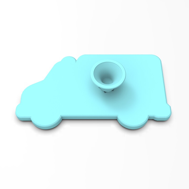May include: A light blue plastic toy car with a white, cone-shaped object on top.