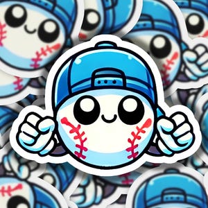May include: A cartoon baseball with a blue baseball cap and a smiling face. The baseball is wearing white gloves and has red stitching. The baseball is surrounded by other baseballs with blue caps.