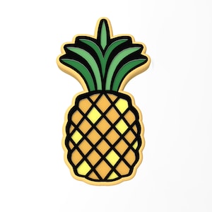 Könnte beinhalten: Eine gelbe Ananas mit grünem, blattförmigem Oberteil. Die Ananas ist schwarz umrandet und hat ein kariertes Muster.