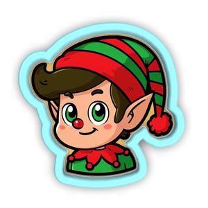 May include: A cartoon illustration of an elf with brown hair, green eyes, and a red and green hat. The elf is wearing a green and red shirt with a white collar.