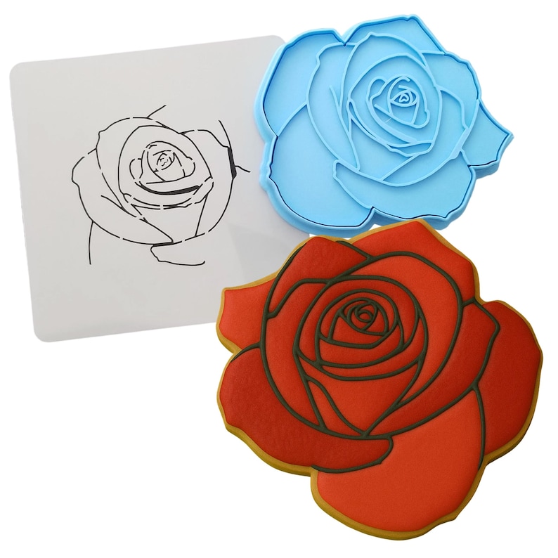 a cookie cutter and a cookie decoration of a rose