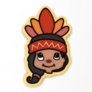 May include: A brown-skinned cartoon character with black hair wearing a red and orange headdress with a zigzag pattern. The character has large blue eyes and a small nose.