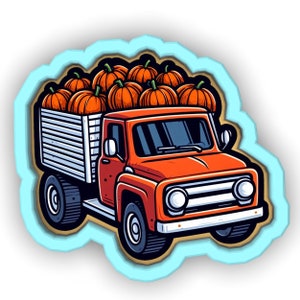 May include: A red vintage pickup truck with a wooden bed filled with orange pumpkins. The truck has a white stripe along the side and black tires.