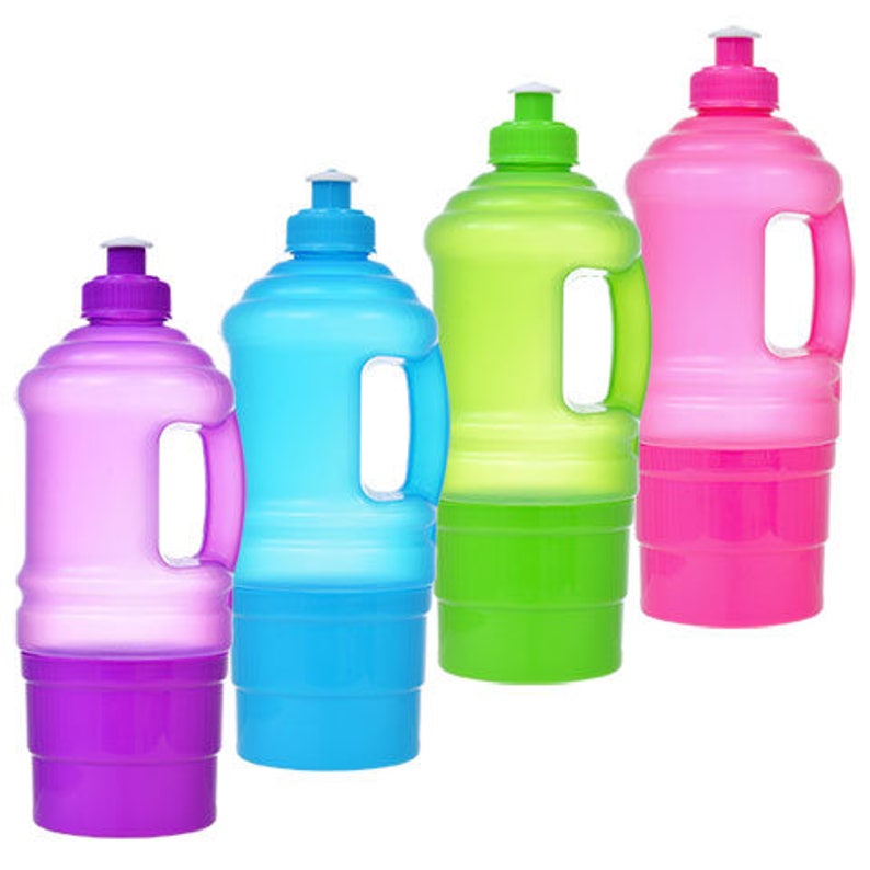 May include: Four plastic water bottles with handles and lids. The bottles are in different colors: purple, blue, green, and pink.