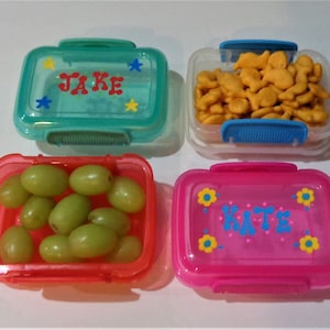 Puede incluir: Cuatro pequeñas y coloridas fiambreras. Una caja verde azulado con el nombre "JAKE" en letras rojas. Otra caja rosa con el nombre "KATE" en letras azules. Las otras dos cajas son transparentes y rojas, llenas de snacks y uvas.