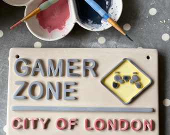 Handmade Ceramic Gamer Zone Sign, London Street Style Kids Room Decor