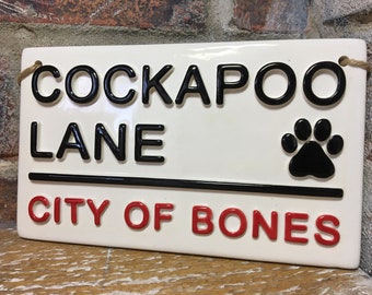 Handmade Cockapoo Lane Ceramic Sign, Dog Paw Print