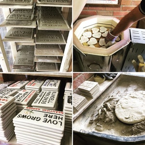 May include: A collection of ceramic signs and tiles in various stages of production. Some are stacked, others are in a kiln, and some are in a tray with clay. The signs feature text like "LOVE GROWS HERE" and street names.