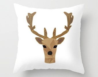 Deer Head Pillow Personalized antler Decor pillowcases or Shams Buck drawing, Cottage Decor, Rustic Home Decor,  Deer Art, Gift for husband