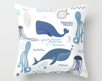 Nautical cute whales fish Custom Pillows