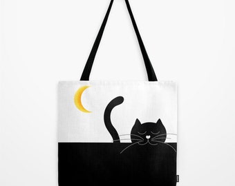 Cat Tote Bag Black and white Yoga gift - small medium large weekender overnight  animals teens women shopping kitten gift for cat lovers