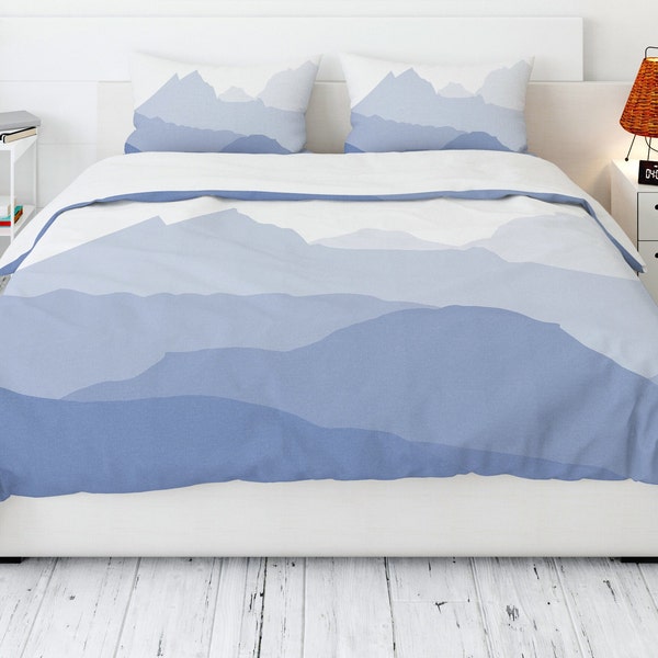 Mountain Landscape Duvet Cover - Geometric Silhouette Bedding, Serene Alpine Summit Comforter, Blue Ridge Nature Bedspread