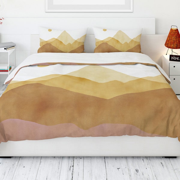 Sunset Mountains Duvet Cover, Abstract Landscape Bedding, Artistic Mountain Comforter, Modern Home Decor, Nature-Inspired Bed Linen Gift