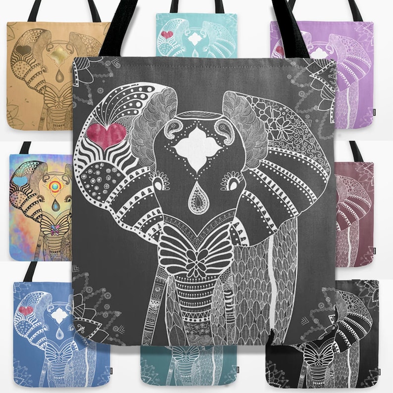 Elephant Tote Bag Animal Personalized Illustration Doodle Gift Ideas for mom Girlfriend Birthday Wild Travel Yoga Beach Women Grocery Cute