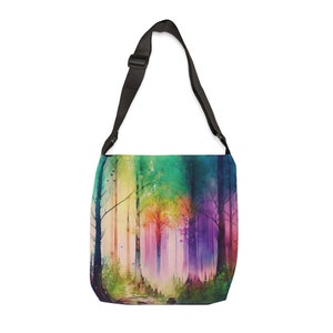 Bohemian tote bag, Rainbow Forest, Magical Tote Watercolor with adjustable strap Zippered and inner poket Gift for Women