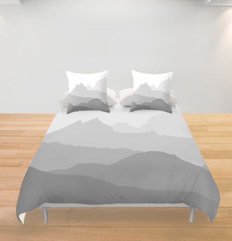 Mountains Silhouettes Duvet Cover Custom Full Queen King Bedding Home Bedroom Gift For Her Landscape Wedding Woodland Camping Forest Drawing