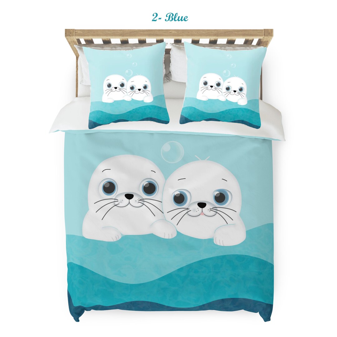 White Seals Bedding Set Playful Seal Pup Duvet Comforter, Perfect Ocean