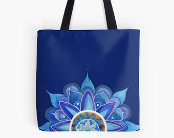 Mandala Floral Blue personalized Tote bag - 13x13 16x16 18x18 - Boho Gift for Women Girlfriend Yoga Beach Birthday Watercolor printed Cool