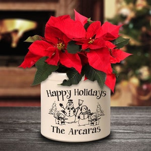 Personalized Snowman Family Pot, 2 Gallon Stoneware Crock. Ceramic Vase 4 Colors Available