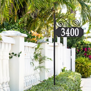 Black and White Post Address Sign, with 4&quot; reflective numbers, with scroll design
