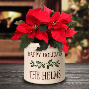 Personalized Holiday Pot with Holly Design, 2 Gallon Stoneware Crock