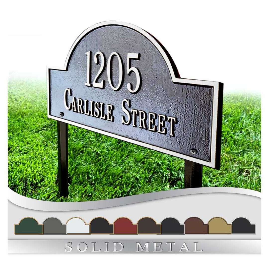 Lawn Mounted Metal Address Plaque. Personalized Cast Arch Plaque