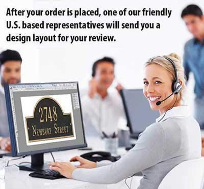 May include: A computer screen displaying a mock-up of a black and gold house number sign with the text "2748 NEWBURY STREET". A woman wearing a headset is sitting at a desk and looking at the camera.