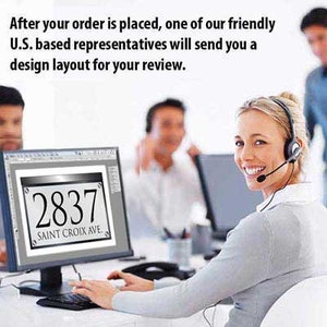 May include: A customer service representative wearing a headset smiles at the camera while working on a computer. The computer screen shows a design layout for a house number sign with the number 2837 and the street name "SAINT CROIX AVE."