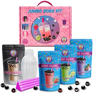 May include: A pink and white box with the words "Jumbo Boba Kit Fruity" on the front. The box contains a variety of ingredients for making boba tea, including boba pearls, tea powder, and a shaker. The box also includes a set of pink straws and a set of black boba pearls with cute faces.
