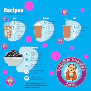 Puede incluir: Una infograf&iacute;a colorida con instrucciones para hacer diferentes tipos de bebidas de t&eacute; de burbujas, incluyendo helado, frapp&eacute; y caliente. La infograf&iacute;a presenta un personaje de Buda de dibujos animados y una receta para hacer perlas de boba.