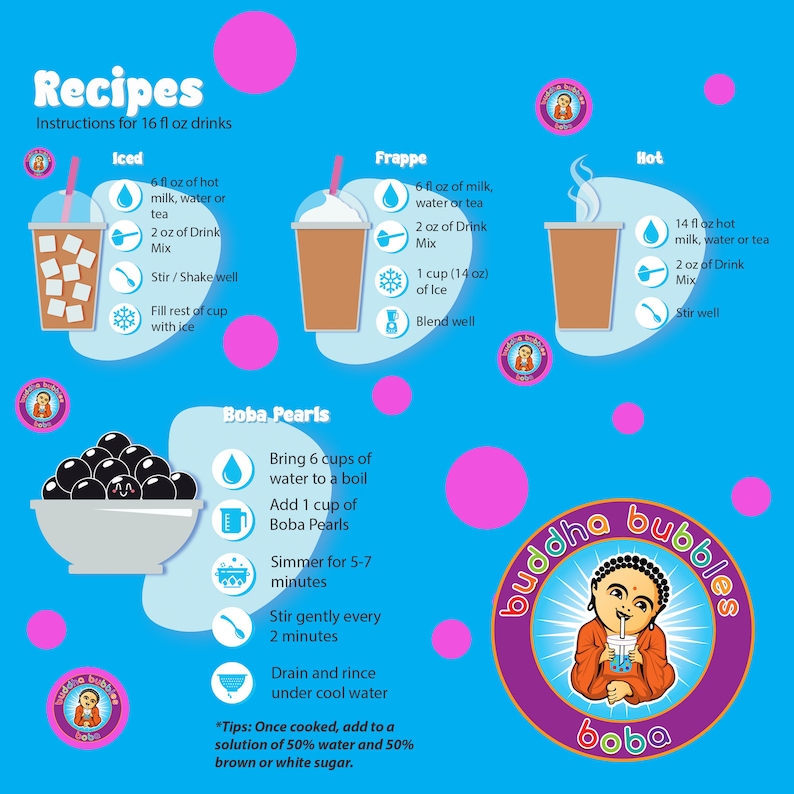 Puede incluir: Una infograf&iacute;a colorida con instrucciones para hacer diferentes tipos de bebidas de t&eacute; de burbujas, incluyendo helado, frapp&eacute; y caliente. La infograf&iacute;a presenta un personaje de Buda de dibujos animados y una receta para hacer perlas de boba.
